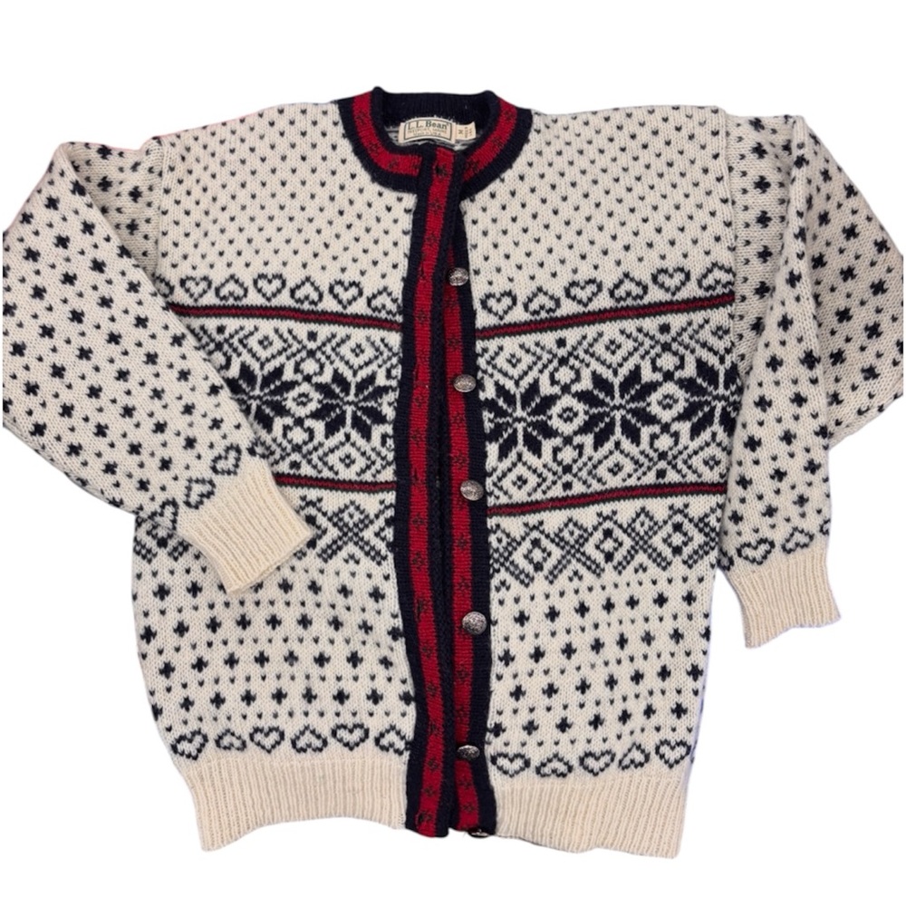 L.L. Bean Women's Nordic Pattern Cardigan Sweater Cream/Black Made in USA | M